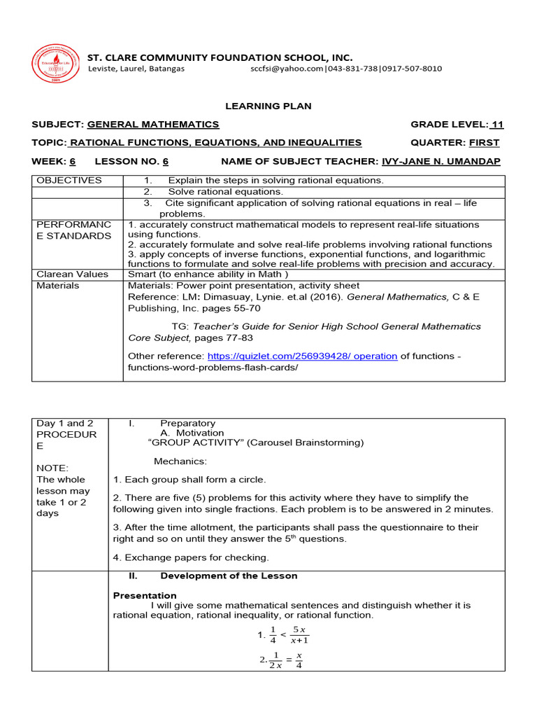 Grade 11 Rational Functions Lesson Plan | PDF | Mathematics | Function ...