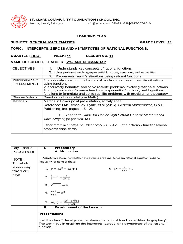Learning plan general mathematics 11 lesson 11 pdf function