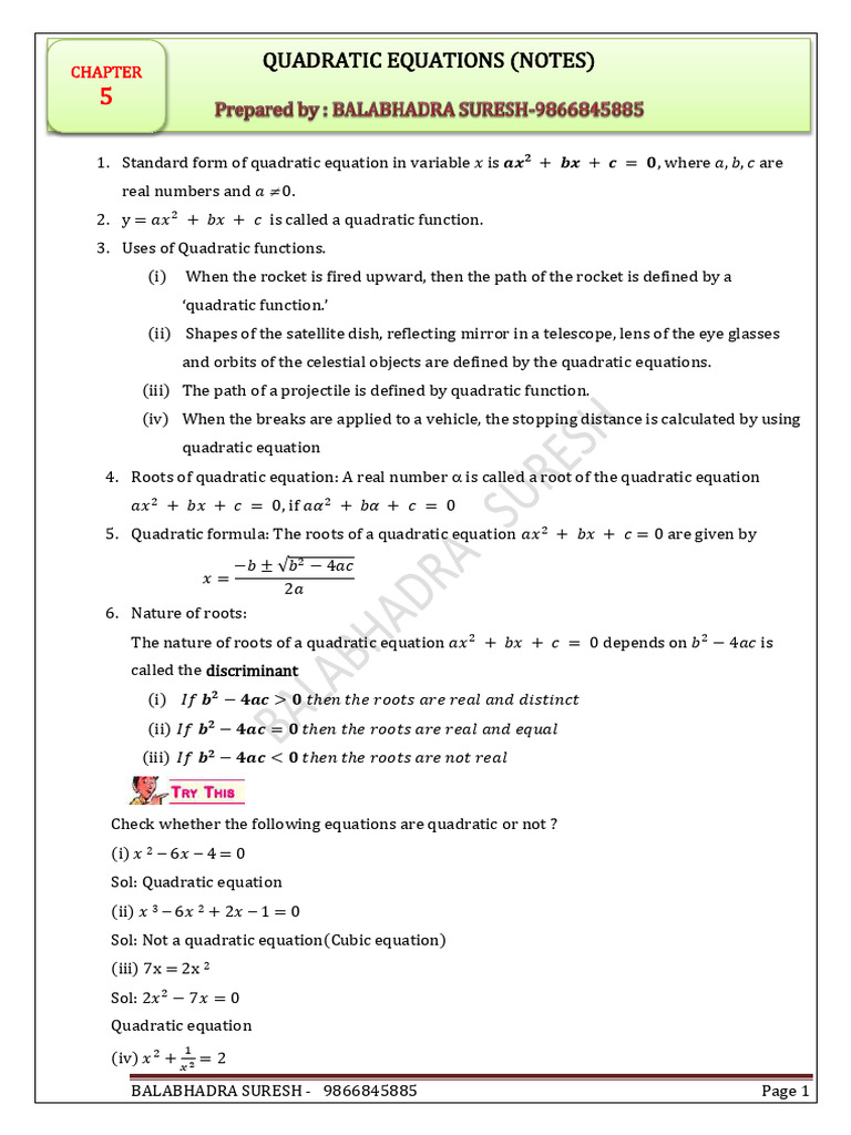 Quadratic Equations Notes | PDF | Quadratic Equation | Area