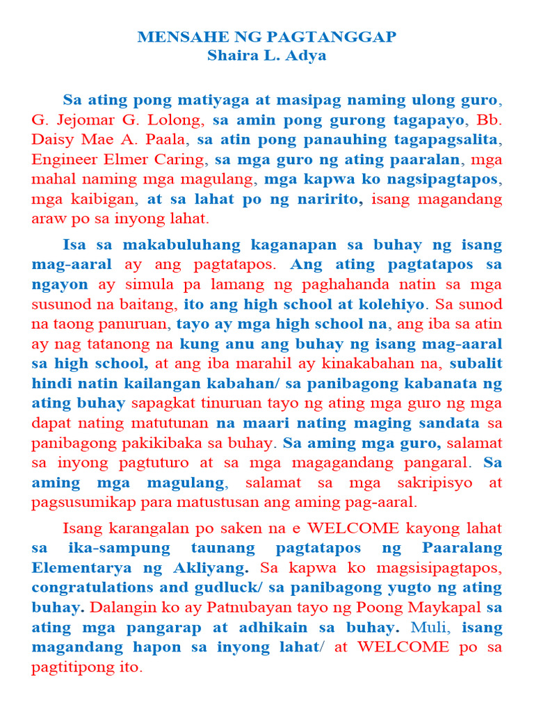 Graduation Welcome Remarks Pdf