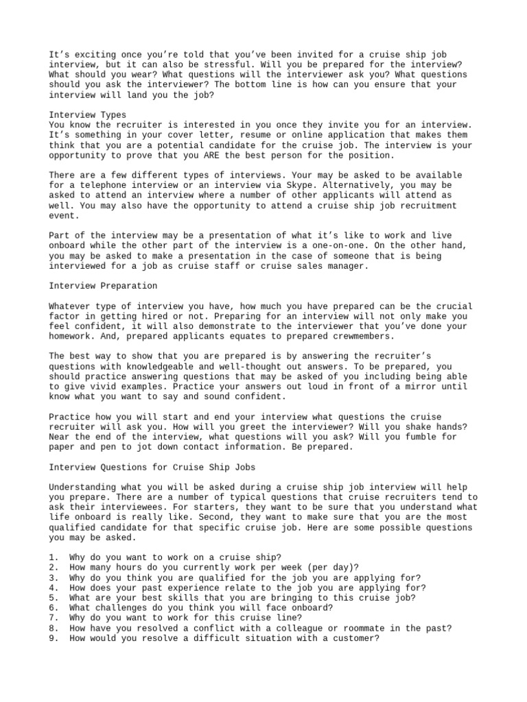 Cruise Job Interview Guide | PDF | Job Interview | Cruise Ship