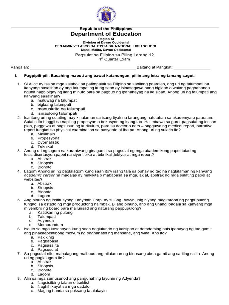 1st QRTR exam-FIL | PDF