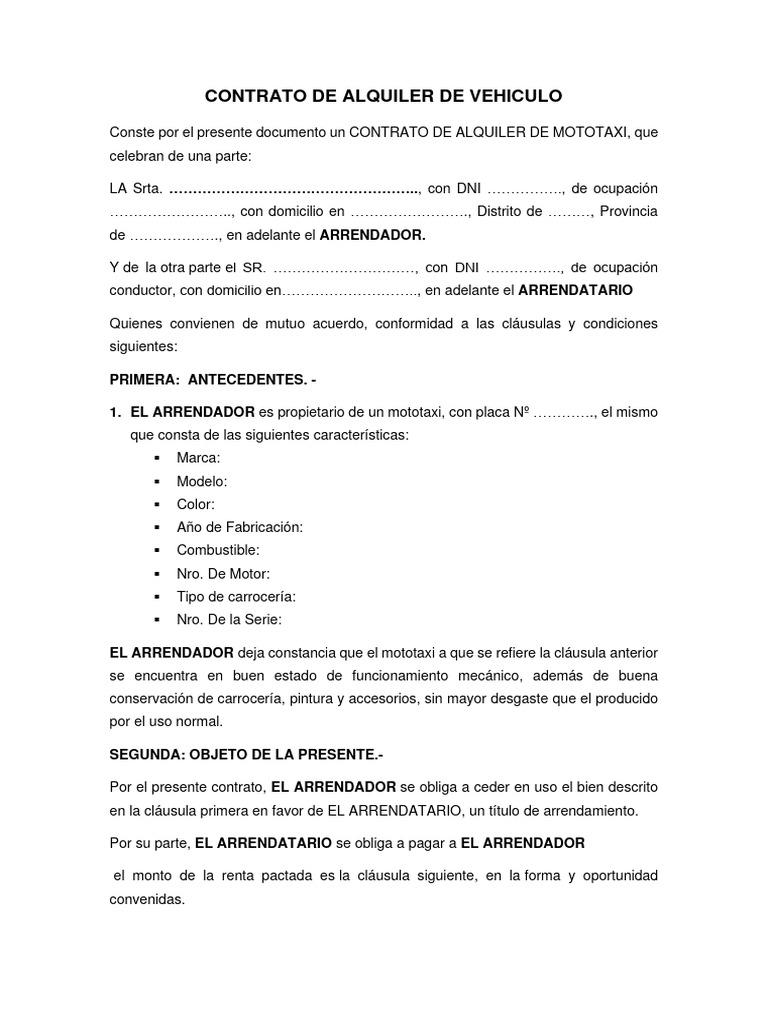 Contrato de Alquiler de Mototaxi | PDF | Arbitraje | Derecho privado