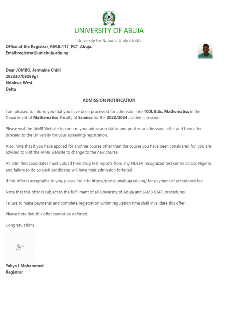 Admission Letter | PDF