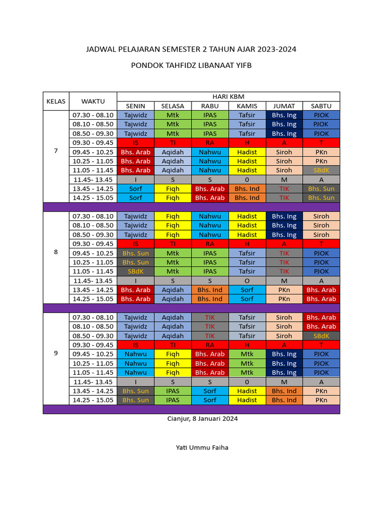 Jadwal Pelajaran Semester 2 Tahun Ajar 2023-1 | PDF
