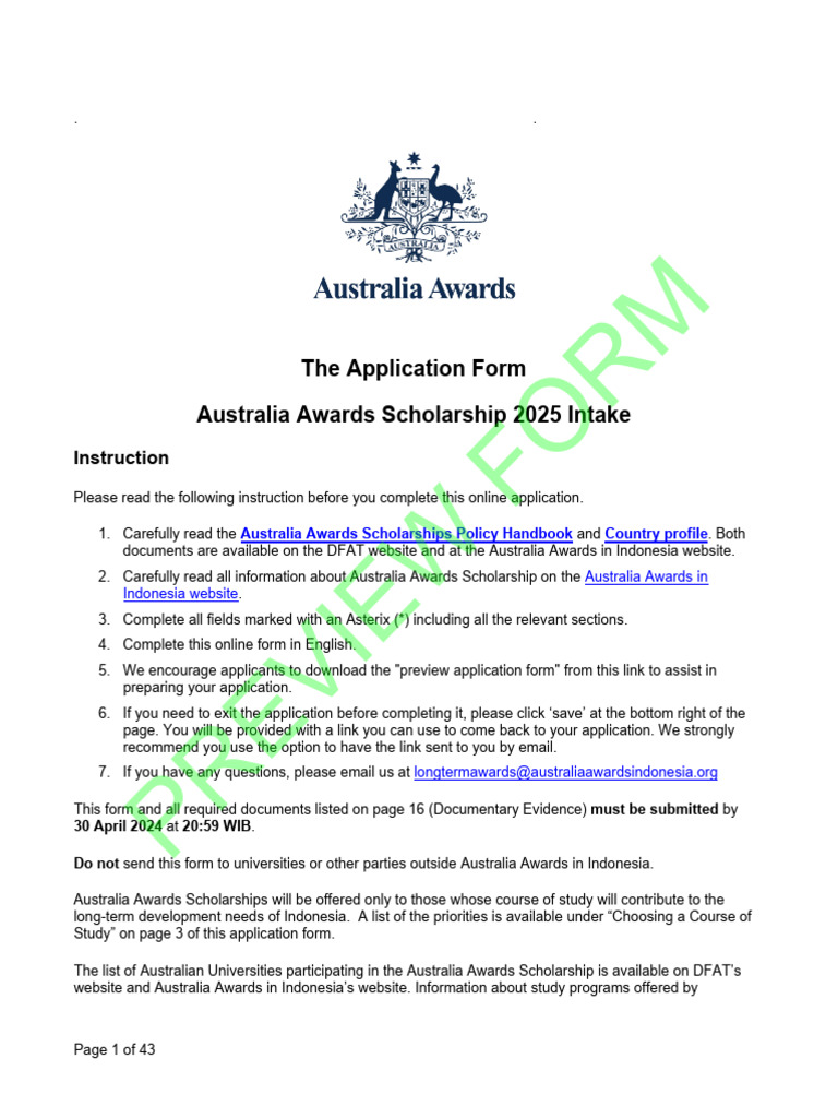 Preview Form Australia Awards Scholarships Application Form PHD and