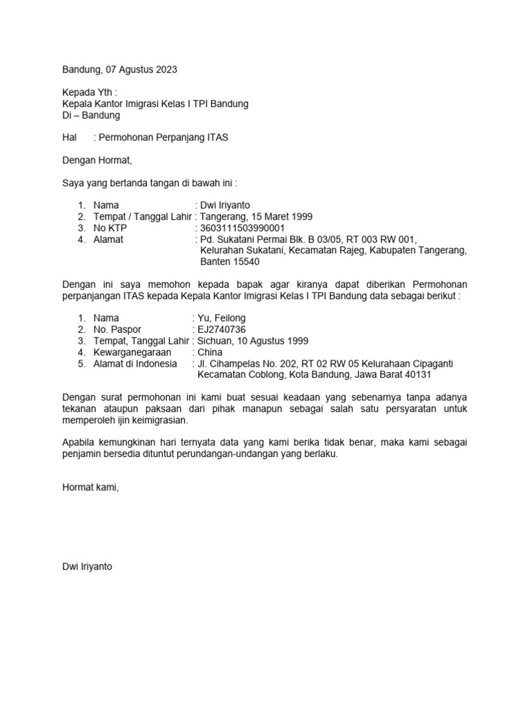 Permohonan Perpanjangan ITAS Bandung | PDF | Ilmu Sosial | Hukum