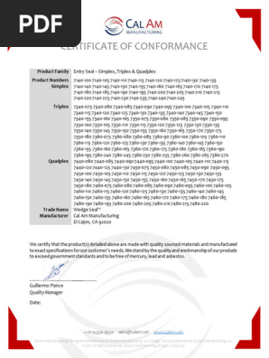Cal Am ENTRY SEAL Certificate Of Conformance