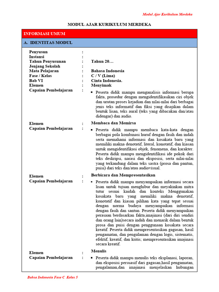 Modul Ajar Bahasa Indonesia Kelas 5 | PDF | Seni & Disiplin Bahasa