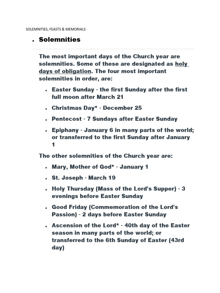 Solemnities Feasts Memorials PDF Liturgical Year Easter