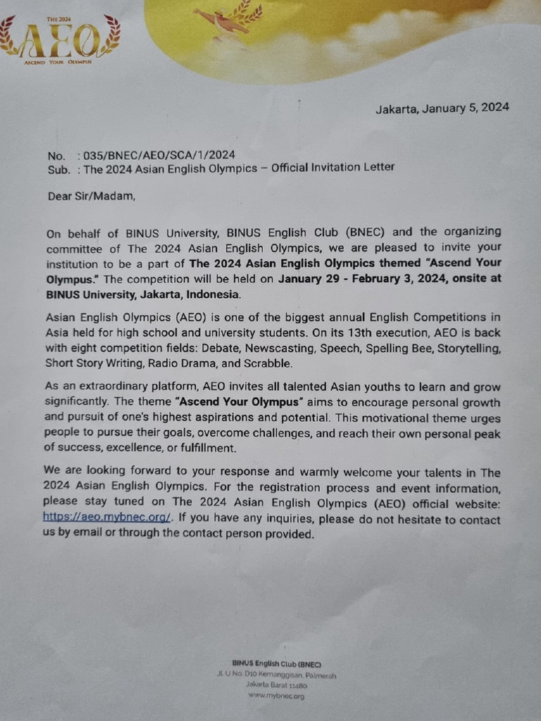 The 2024 Asian English Olympics Official Invitation Letter PDF