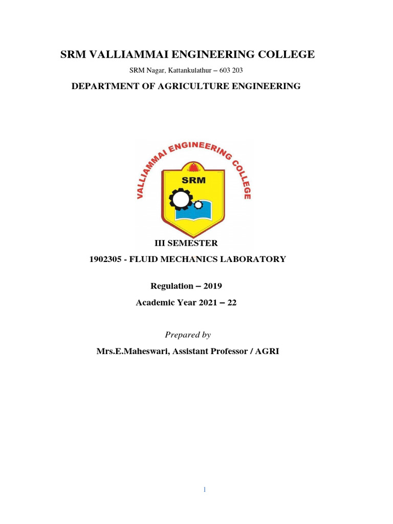 Fluid Mechanics Lab Manual Pdf Flow Measurement Fluid Dynamics