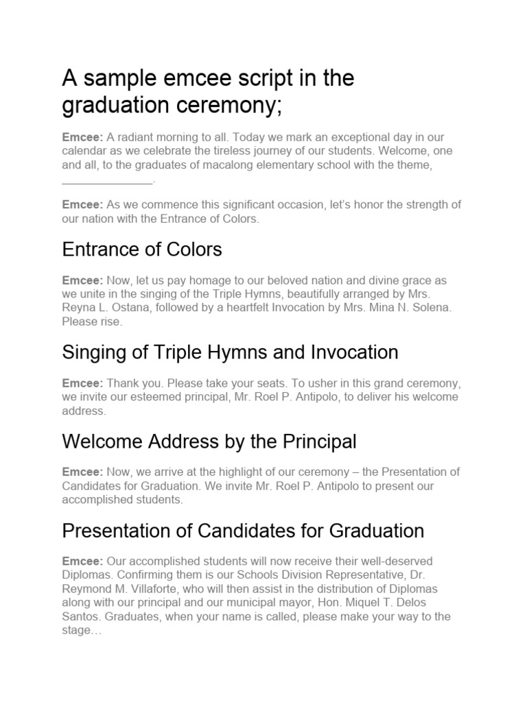 A Sample Emcee Script in The Graduation Ceremony | PDF | Meetings | Rituals
