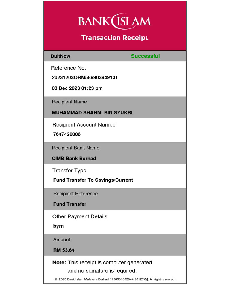 DuitNow Fund Transfer Receipt | PDF | Finance & Money Management