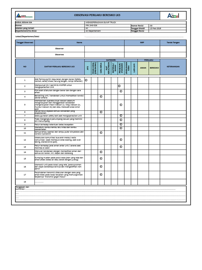 FRK - SHE-026 Form Observasi BBS Mengoperasikan Dump Truck | PDF