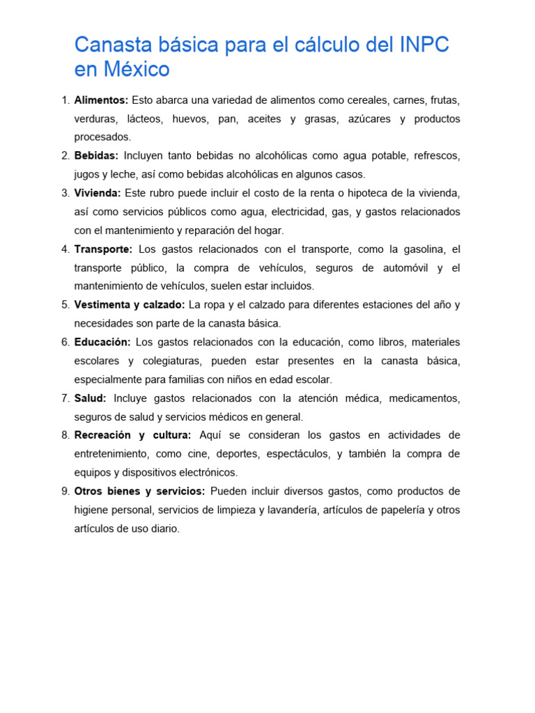 Canasta Básica para El Calculo Del INPC en México | PDF