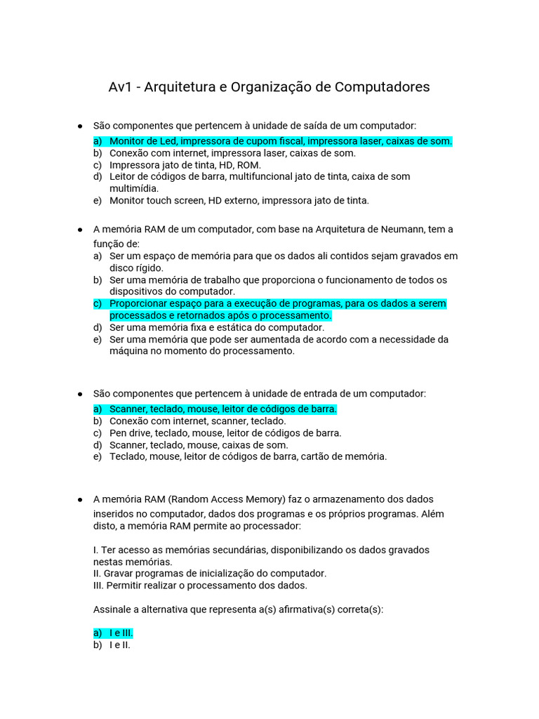 AV1: Arquitetura de Computadores | PDF | Armazenamento de dados de ...