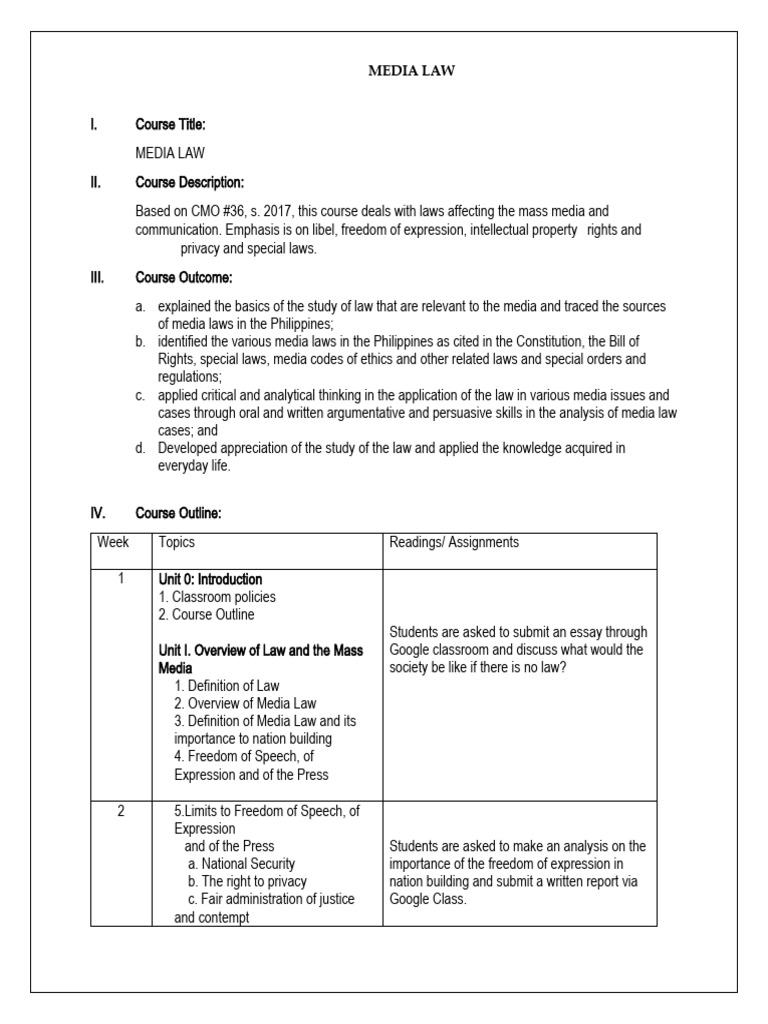 Course Outline - Media Law | PDF | Defamation | Freedom Of Speech