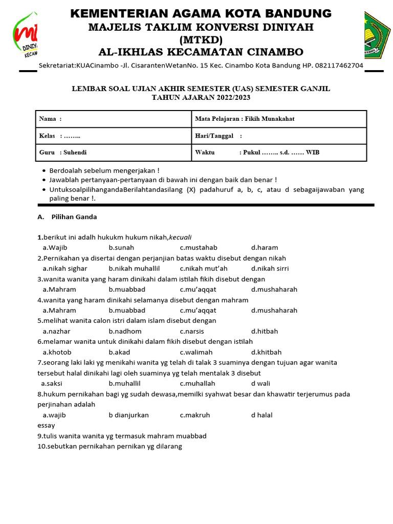 Soal UAS MTKD Kota Bandung 2022/2023 | PDF