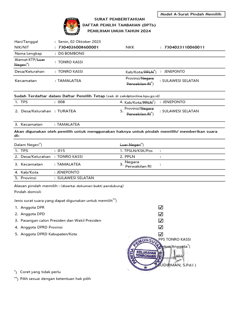 Pemberitahuan DPTb Pemilu 2024 Sulsel | PDF