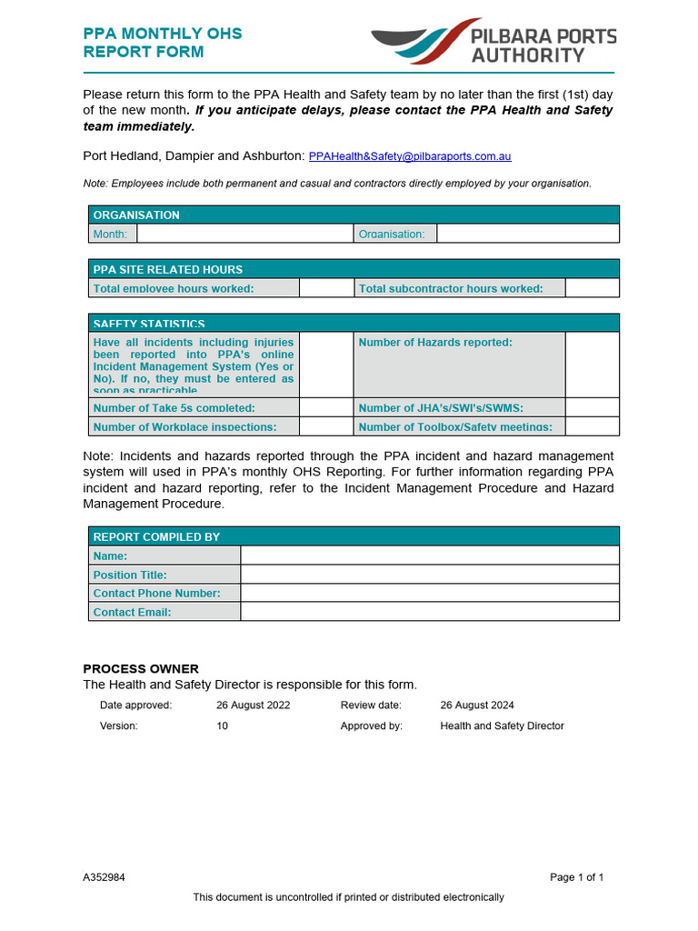 PPA Monthly OHS Report Submission | PDF