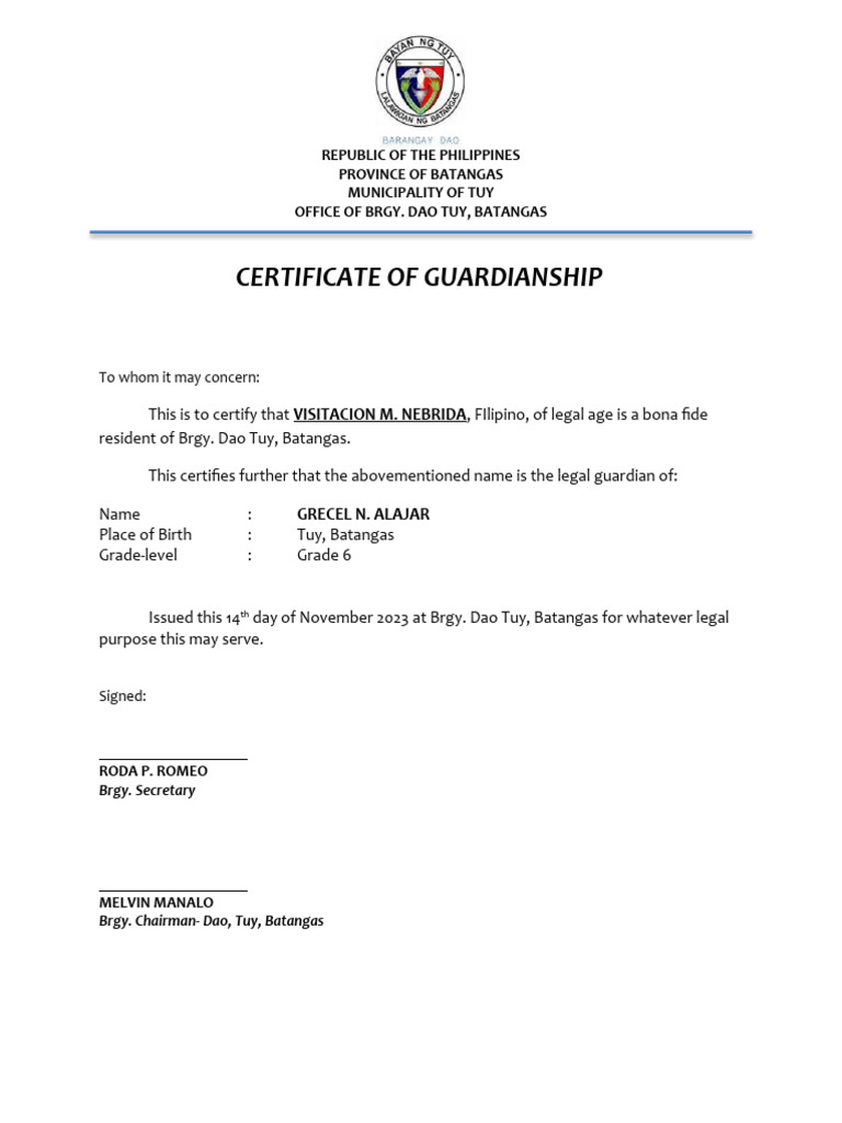 Certificate of Guardianship PDF Certificate of Guardianship PDF