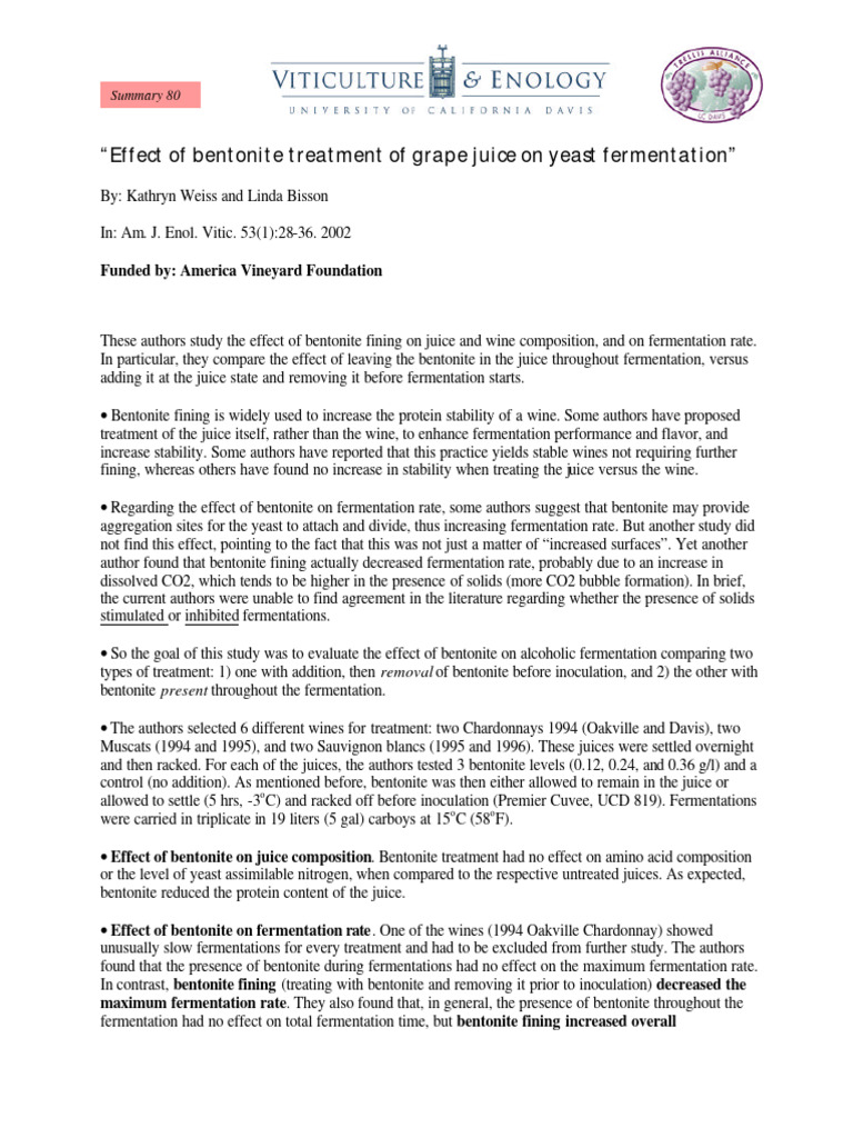 80 bentonite and fermentation PDF Wine Fermentation In Winemaking