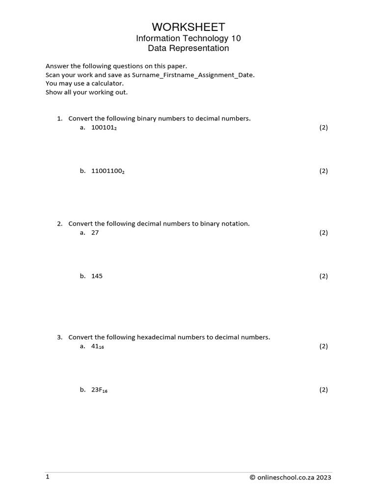 Worksheet Data Representation Pdf Decimal Bit