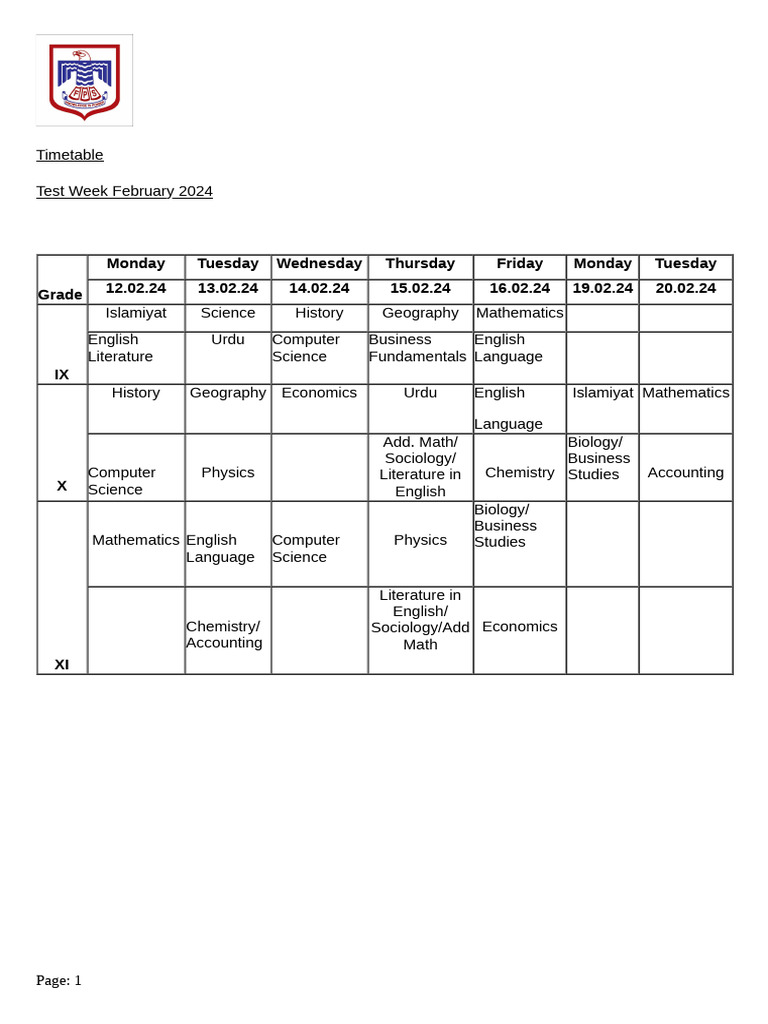 Test Week Timetable (Grade IX, X, XI) | PDF