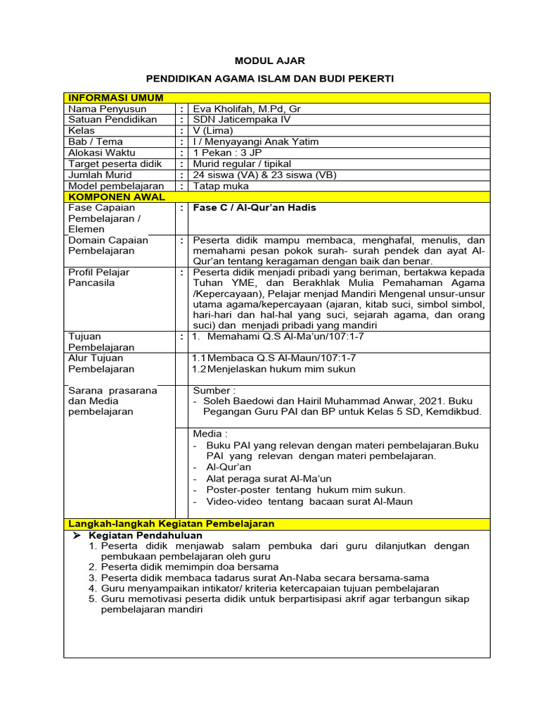 Modul Ajar Bab 1 KLS 5 | PDF | Karier & Perkembangan | Seni & Disiplin ...