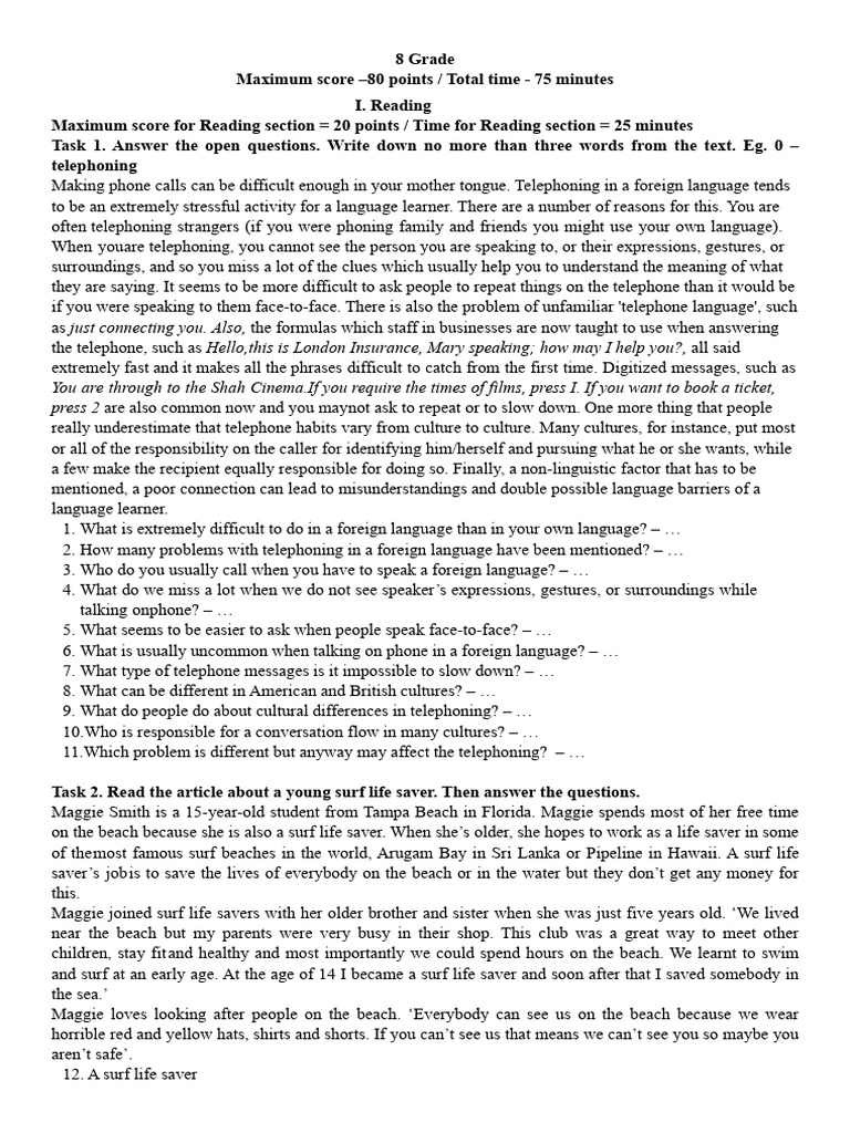 8th Grade English Exam Format Guide | PDF | Telephone | Human Communication