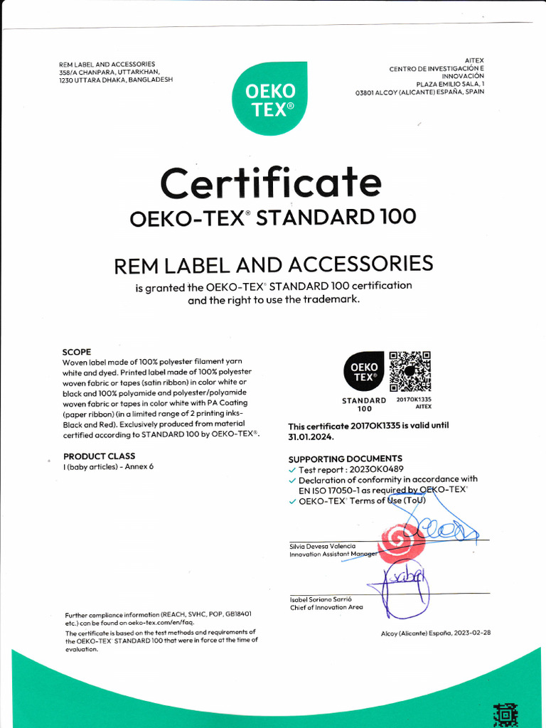 OEKO-TEX Standard 100 Certification Details | PDF | Textiles | Regulation