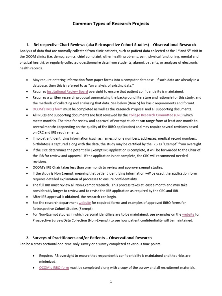 Common Types of Research Projects | PDF | Institutional Review Board ...