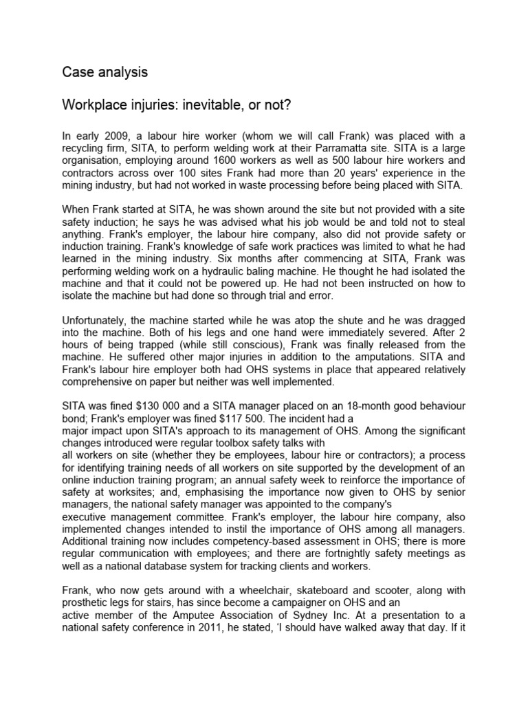 Workplace Injury Case: Frank's Story | PDF | Occupational Safety And ...