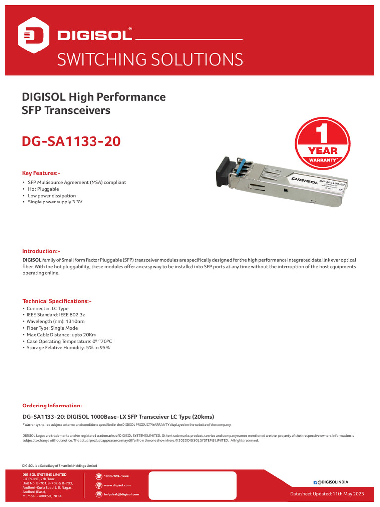 DIGISOL DG-SA1133-20 SFP Transceiver | PDF | Technology & Engineering