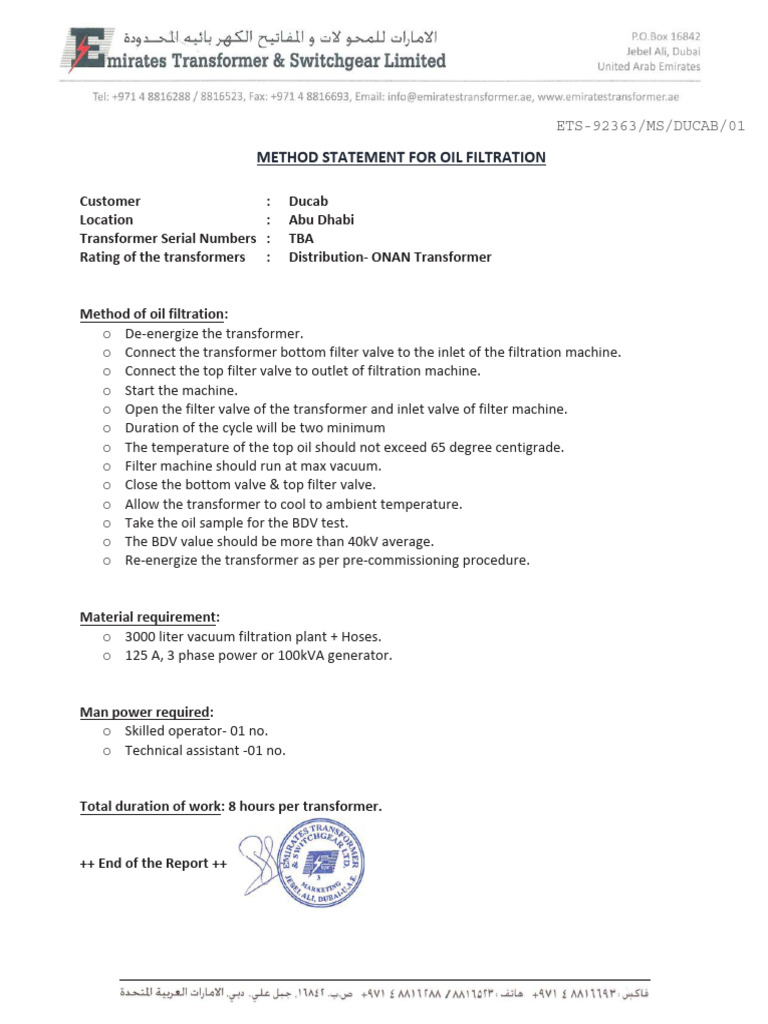 Transformer Oil Filtration Method Statement | PDF | Computers ...