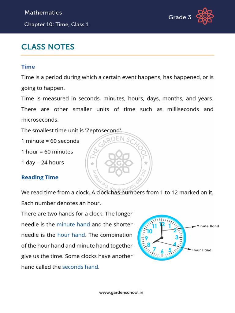 CN Grade+3 Mathematics Chapter+10 Class+1 | PDF | Hour | Clock