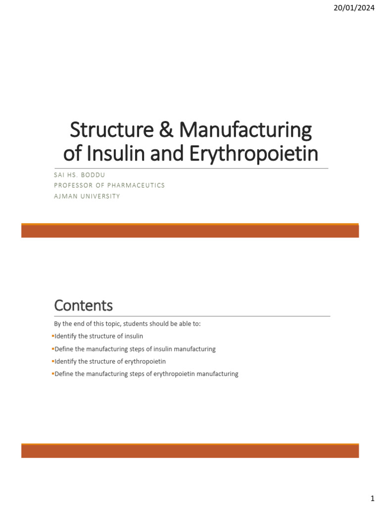 Insulin and Erythropoietin Manufacturing | PDF | Insulin ...