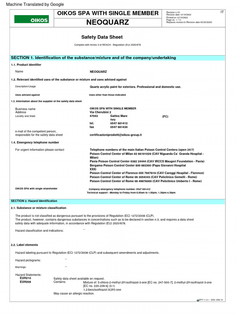 NEOQUARZ Safety Data Sheet Summary | PDF | Toxicity | Dangerous Goods