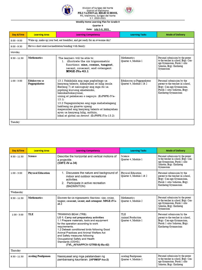 Pili National High School Weekly Plan | PDF | Trigonometric Functions ...