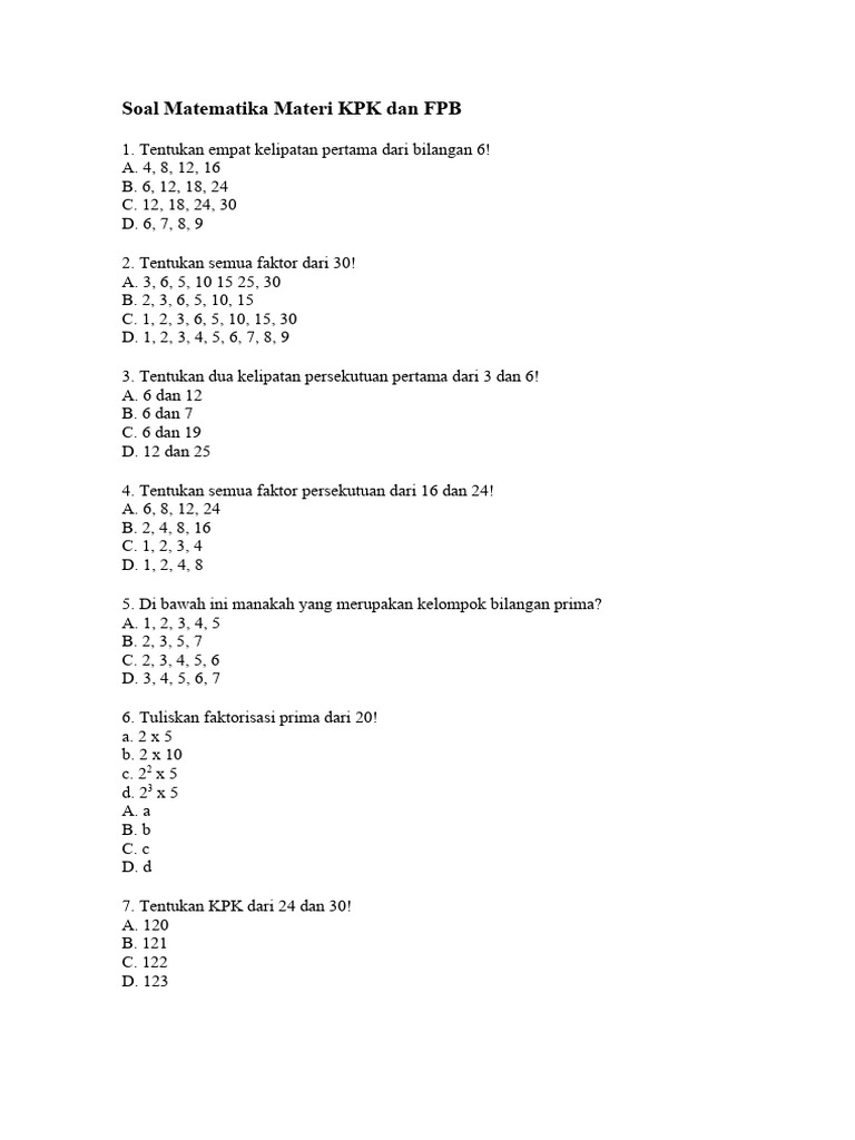 Soal KPK dan FPB Matematika Kelas 4 | PDF