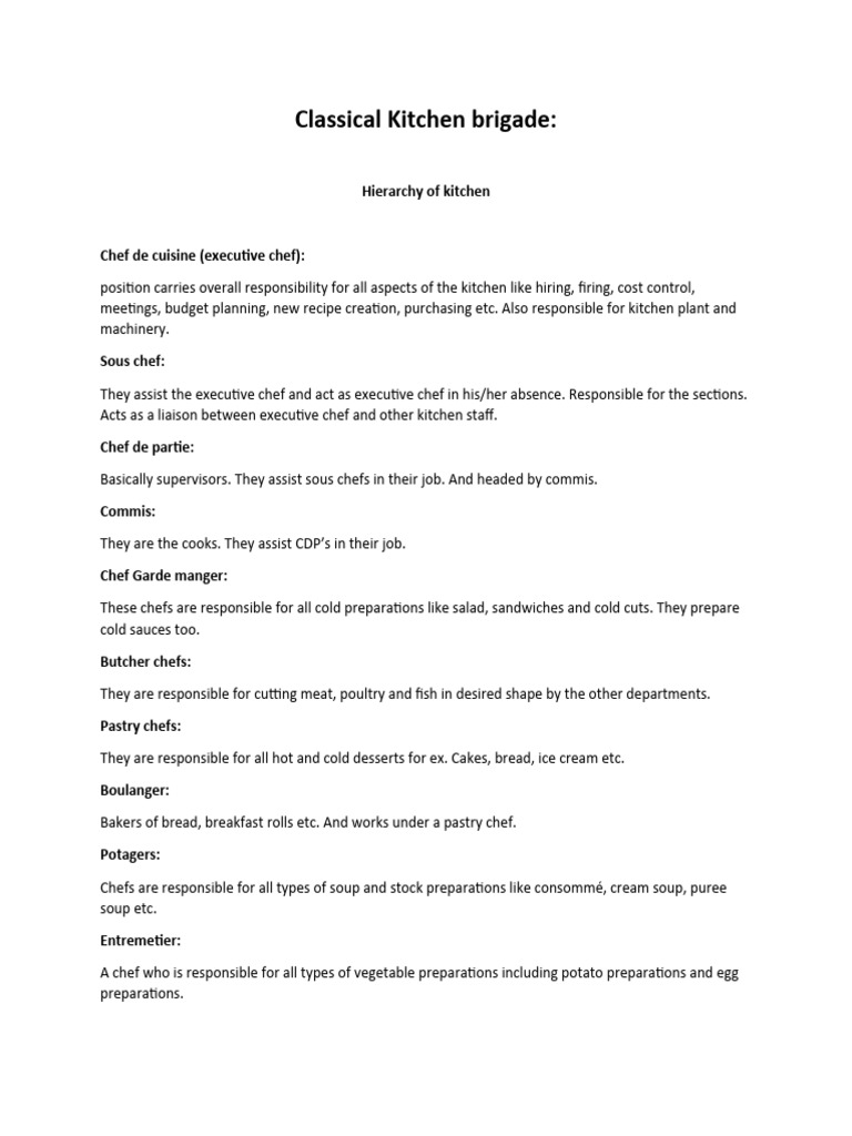 Classical Kitchen Brigade PDF