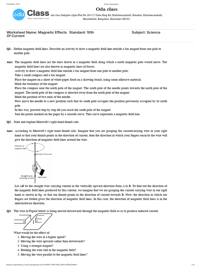 Magnetic Effects of Electric Current Guide | PDF | Magnetic Field ...