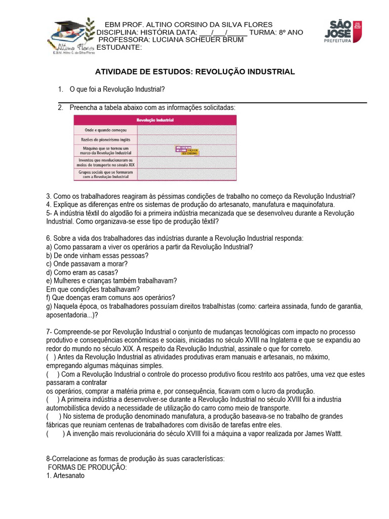 Atividades sobre a Revolução Industrial 8º Ano | PDF | Revolução ...
