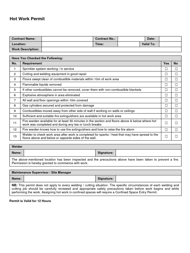 Hot Work Permit Checklist | PDF | Fires | Firefighting