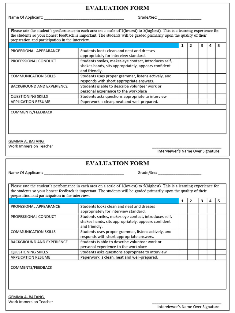 Student Interview Evaluation Form | PDF | Job Interview | Human ...