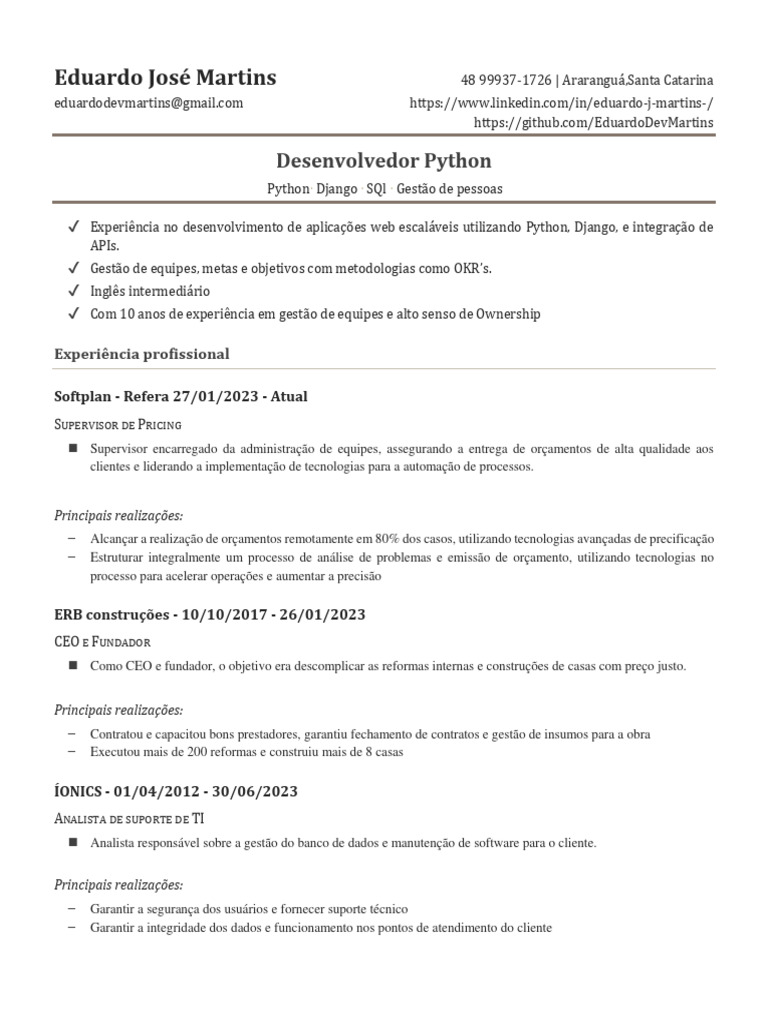 Currículo de Desenvolvedor Python | PDF | Engenharia de Software ...