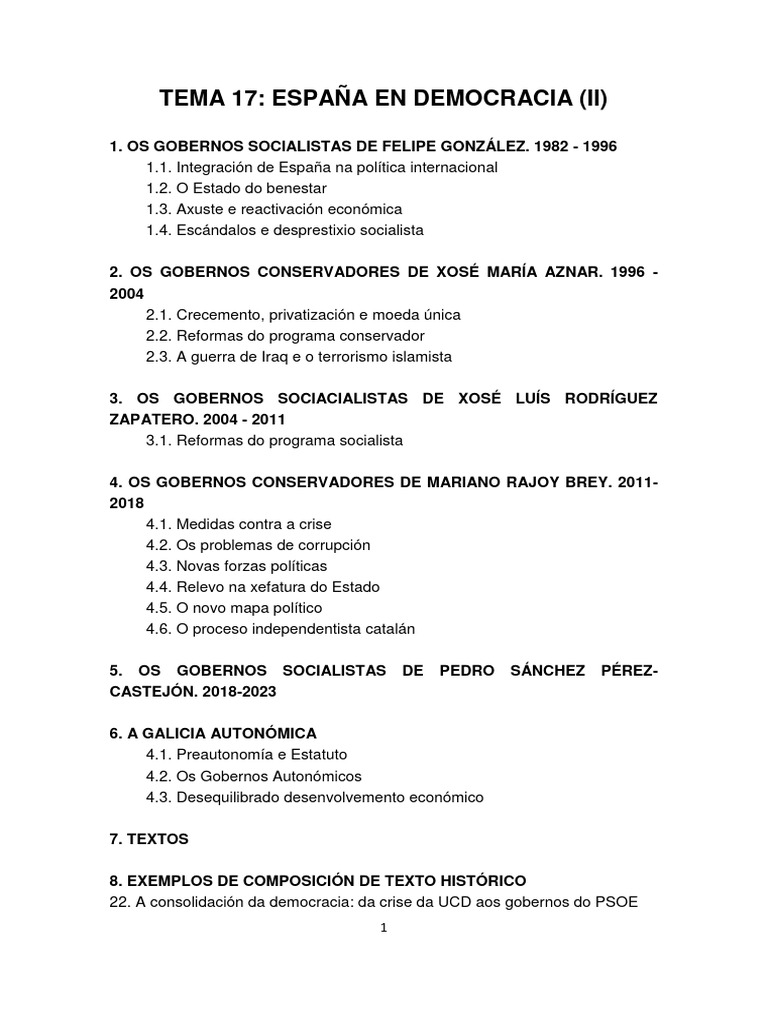 Esquemas TEMA 17 España en Democracia (II) | PDF