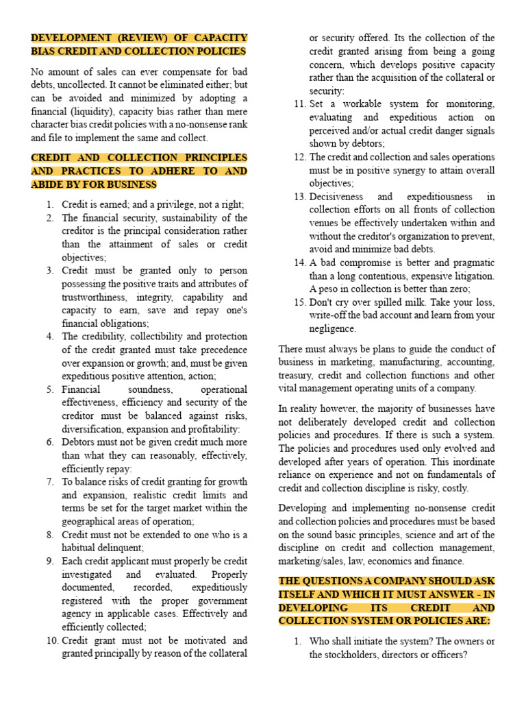 Credit and Collection Policy Guidelines | PDF | Credit | Finance ...