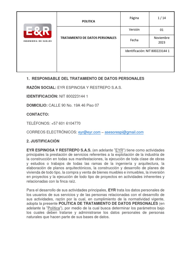 Política de Tratamiento de Datos EYR | PDF | Bases de datos | Información